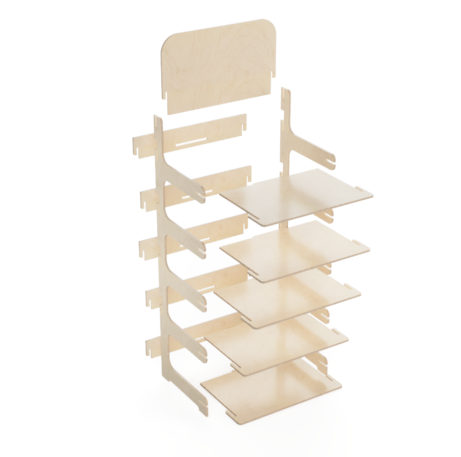 Présentoir bois vue éclatée – assemblage sans outils